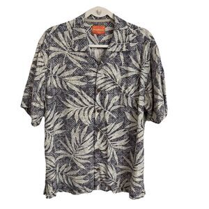 Tommy Bahama Hawaiian Silk Shirt Mens Large Blue Gray Leaf Print Camp Aloha Top